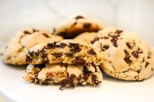 A plate of freshly baked chocolate chip cookies 